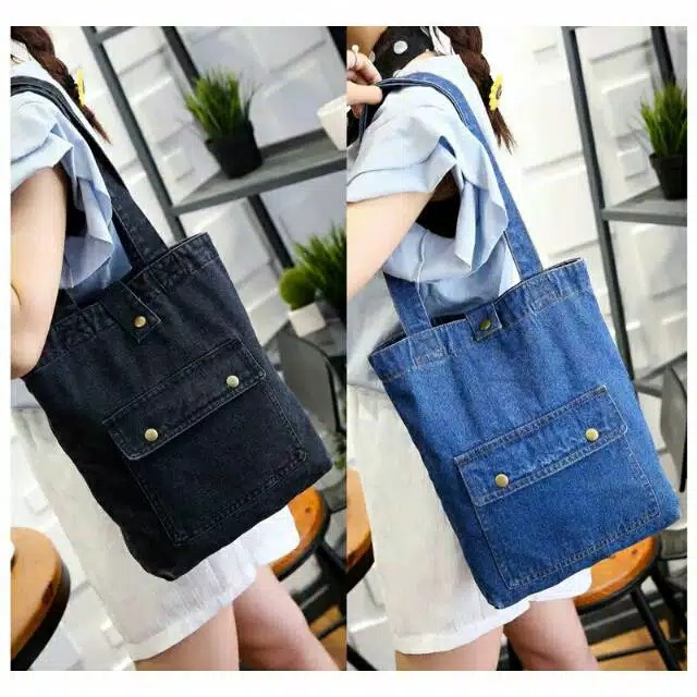 Bp Pocket Denim Tote Bag Saku Kancing Tas Bahu Jinjing Wanita Jeans Kuliah Sekolah Korea Cina