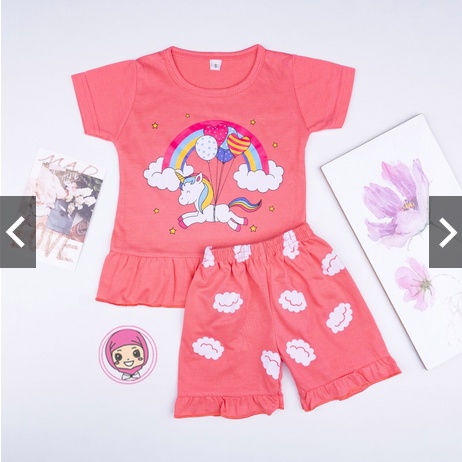 Setelan Ruffle Set Karakter / Setelan Anak Perempuan Gambar Karakter Kartun