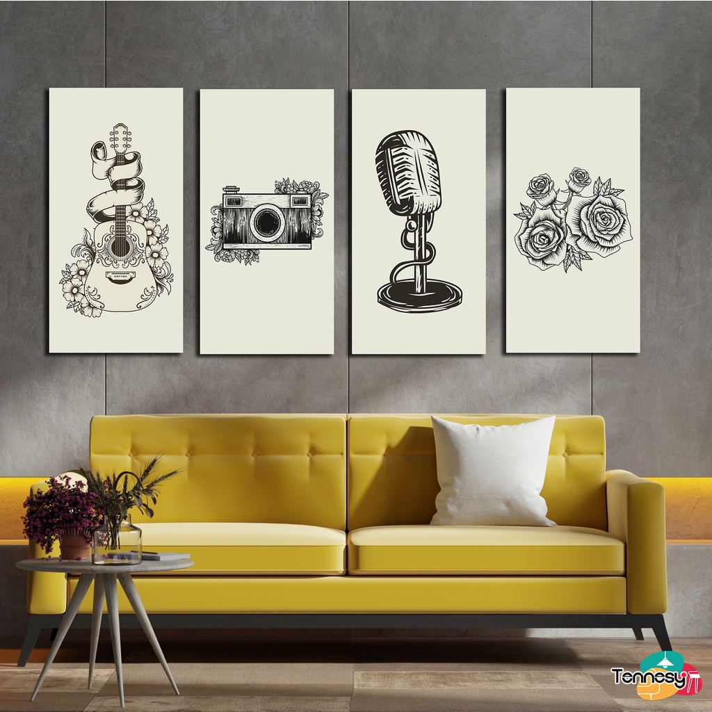 TENNESY HIASAN DINDING ART MONO GRAY 15x30CM WALL DECOR PAJANGAN KAYU POSTER DEKORASI DINDING KAMAR TIDUR RUMAH GITAR MIC BUNGA KAMERA