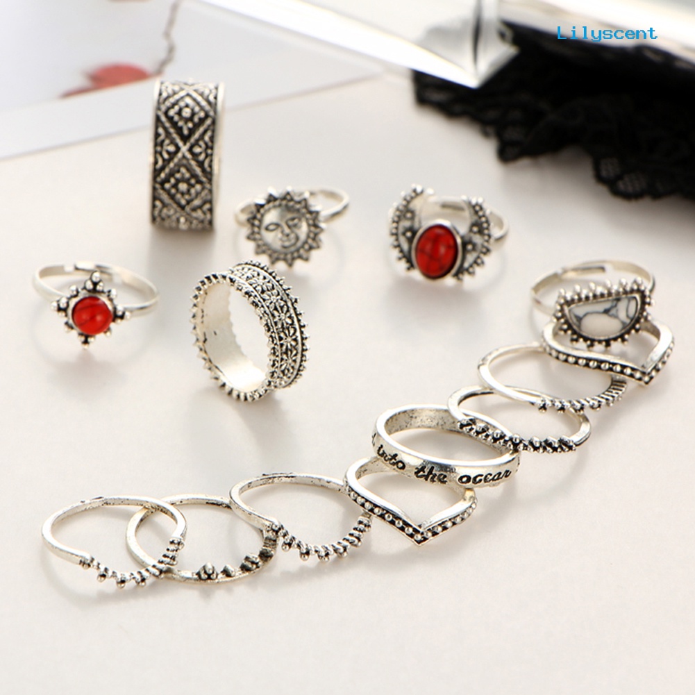 14pcs / Set Cincin Knuckle Midi Gaya Punk Vintage Warna Merah Turquoise Untuk Wanita