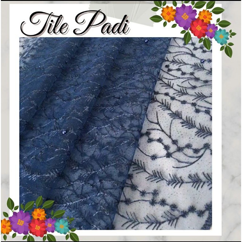 Kain Brukat Tile Mutiara Padi Warna Biru Navy