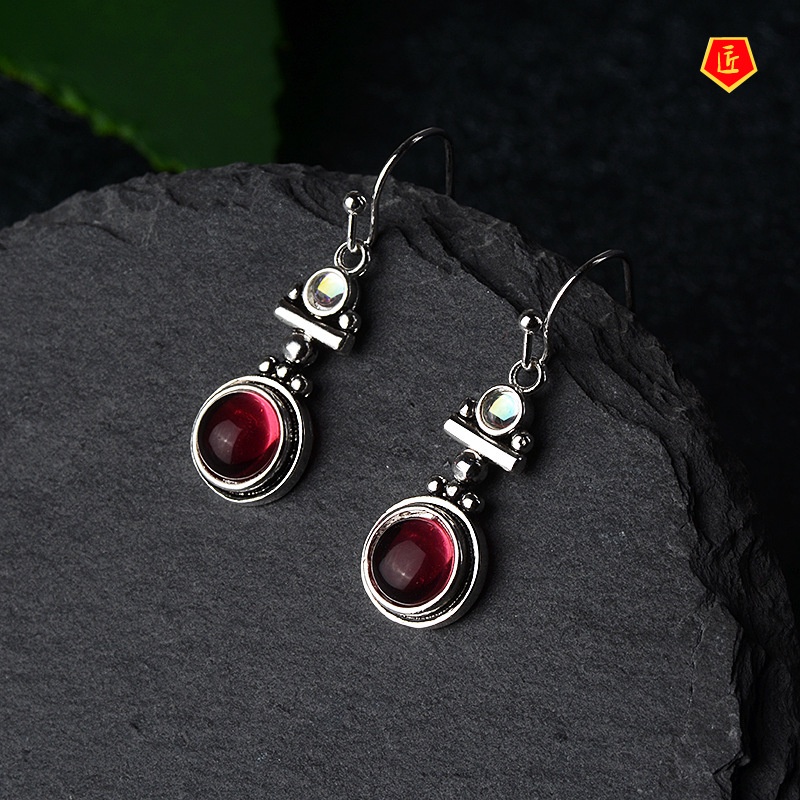 [Ready Stock]Retro Moonstone Red Agate Earrings Women's Fashion