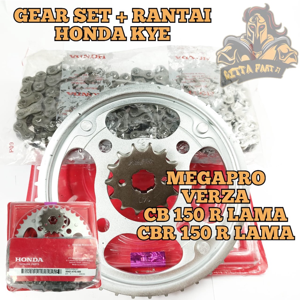 GEAR SET PLUS RANTAI HONDA KYE KUALITAS ASLI ORIGINAL HONDA presisi kokoh tidak bunyi atau berisik awet dan dijamin mantap MEGA PRO VERZA CB 150R LAMA CBR 150R LAMA MEGAPRO