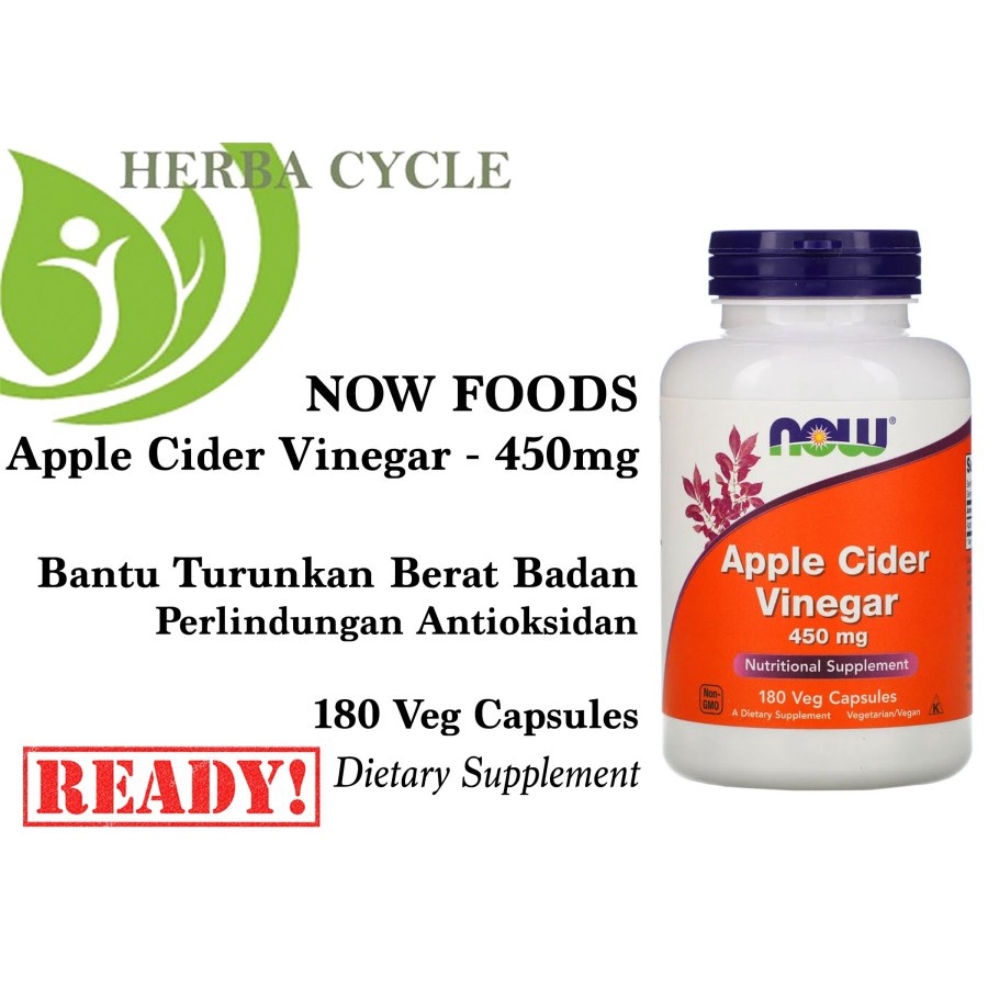 Now Foods Apple Cider Vinegar 450 mg 180 Veg Capsules Cuka Apel ORI USA