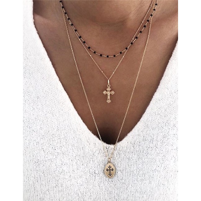 LRC Kalung Fashion Gold Alloy Geometry Drops Cross Multilayer Necklace F91793