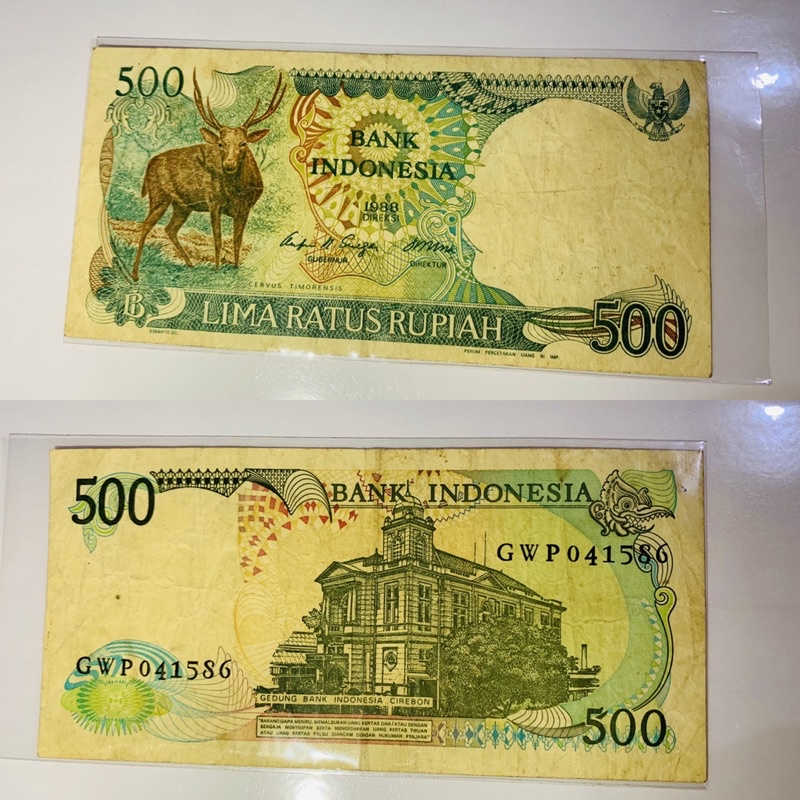 BONUS + UANG KUNO KERTAS 500 RUPIAH edisi cervus timorensis / Rusa Timor Tahun 1988.