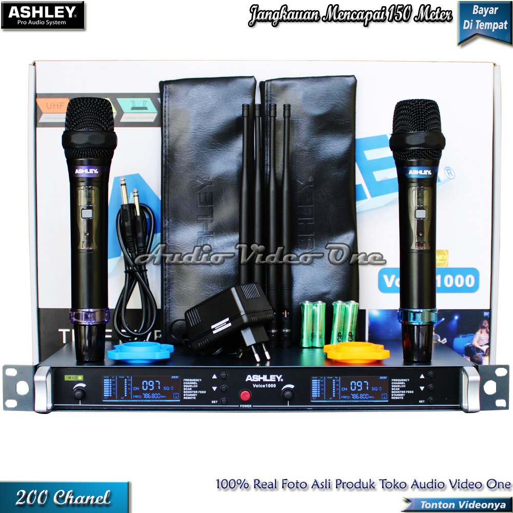 Mic Ashley Voice 1000 Microphone Wireless 200 Chanel Mik Vokal Jangkauan 150 Meter Mikrofon Nirkabel