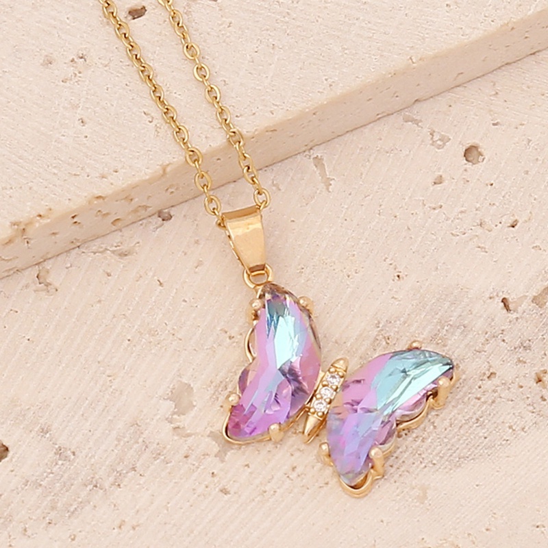 Kalung Rantai Klavikula Desain Kupu-Kupu Kristal Kaca Bening Gaya Korea Butterfly