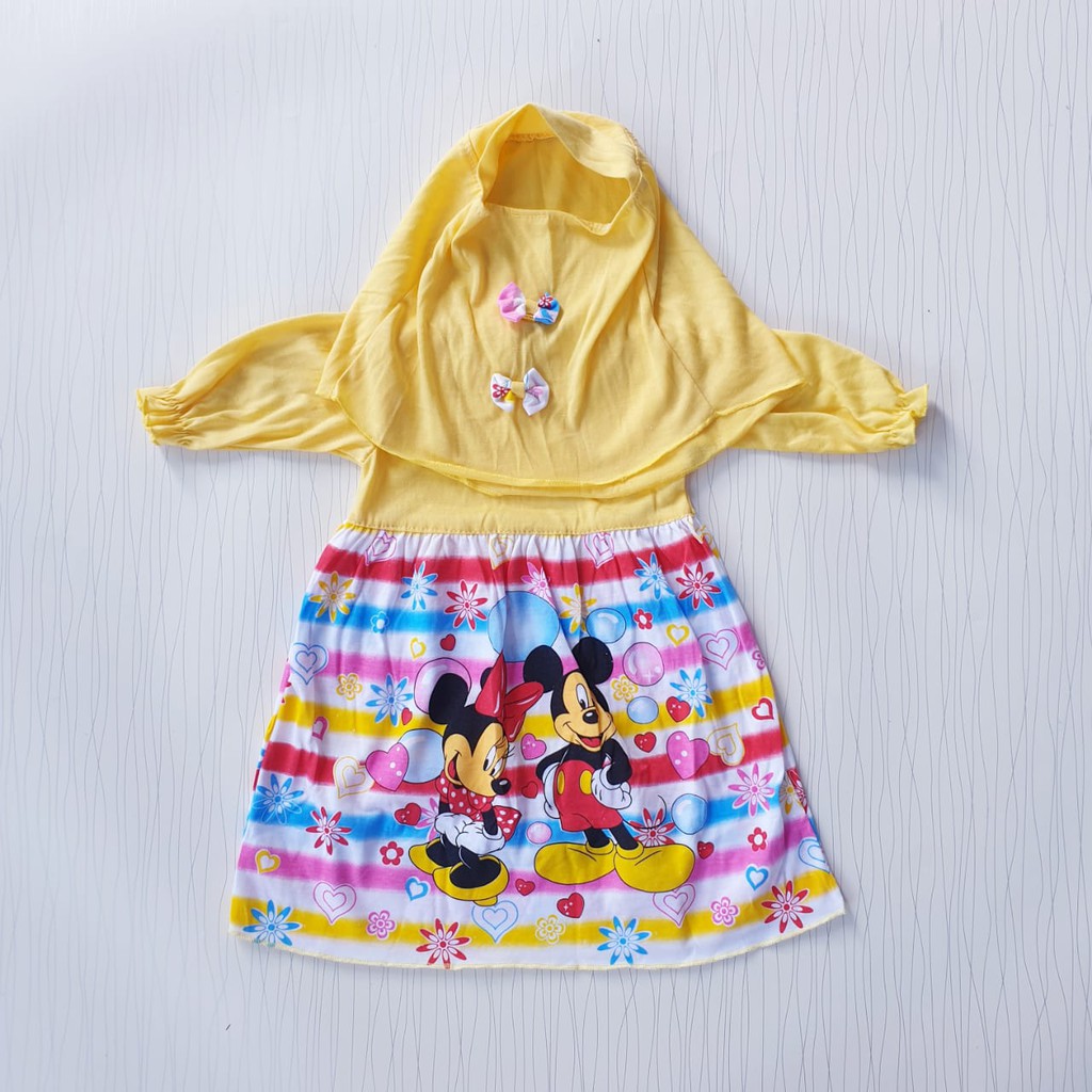 dress gamis anka usia 3-18 bulan minnie mickey sudah termasuk jilbab