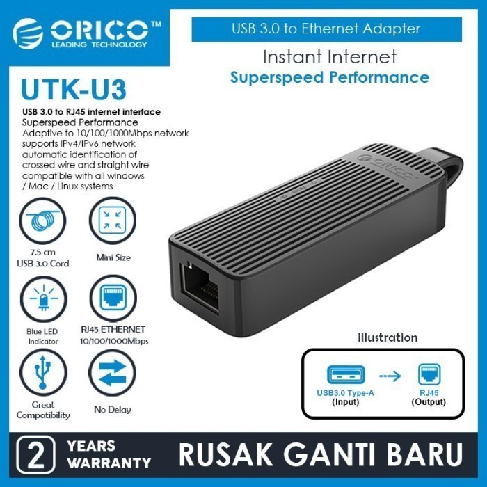 USB 3.0 to Ethernet LAN Rj45 Orico Adapter gigabit 1000Mbps UTK-U3