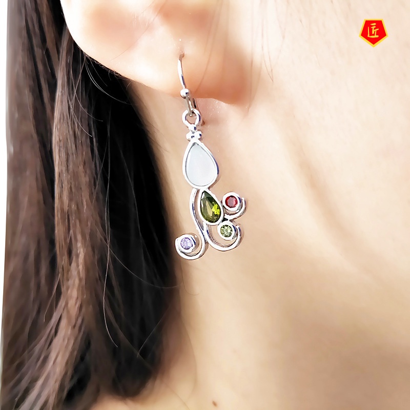 [Ready Stock]925 Silver Moonstone Earrings Colorful Gems Fashion Elegant