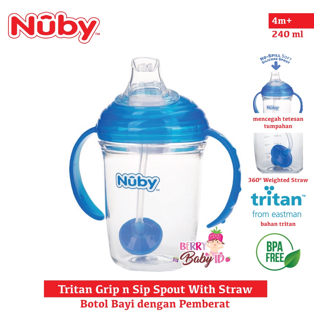 Nuby Tritan Grip n Sip Spout With Straw Botol Minum Training Cup Botol Sedotan Bayi Anak BPA Free Berry Mart