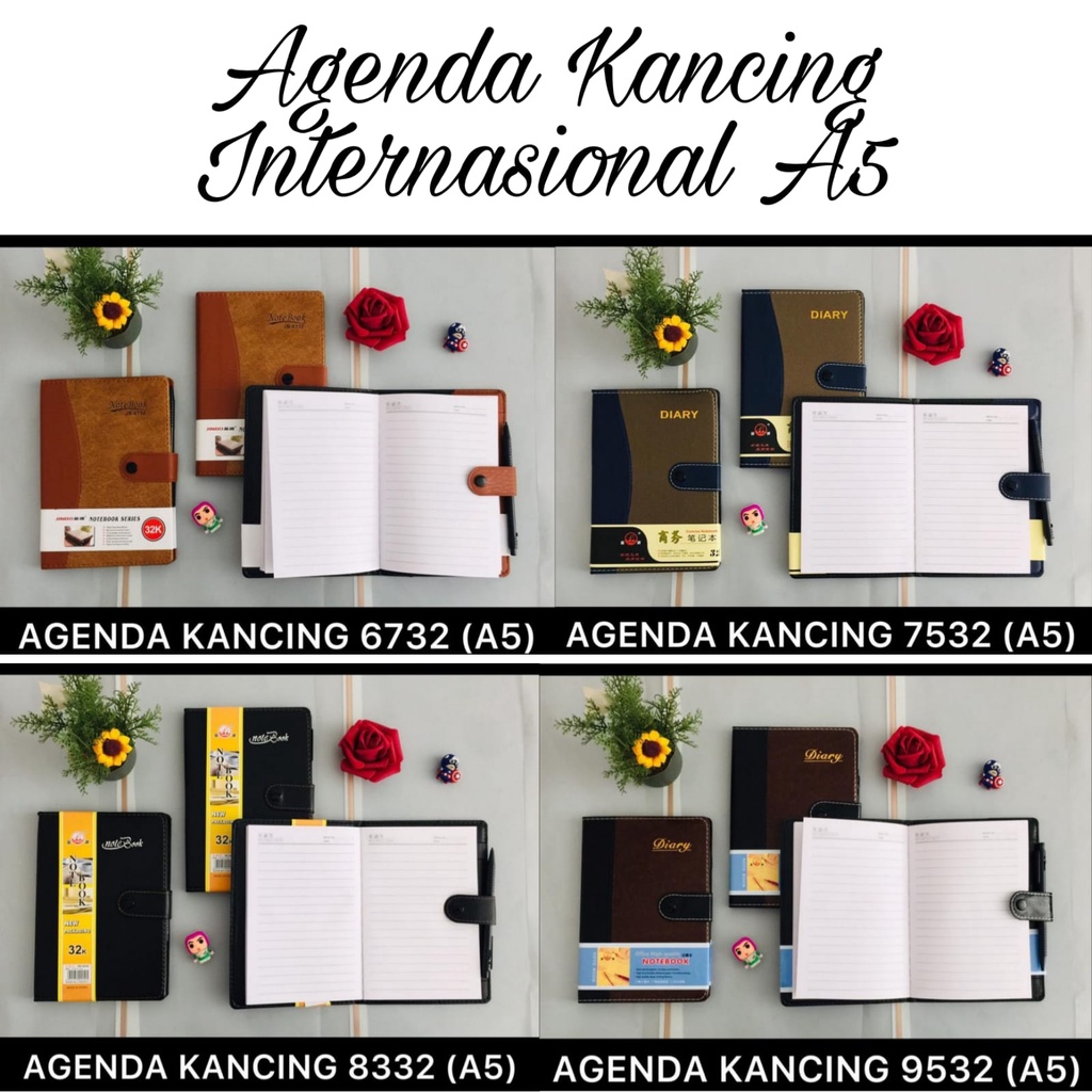 

AS888 - BUKU AGENDA KANCING INTERNATIONAL NOTEBOOK 32K UKURAN A5 PLUS PULPEN ( 19.5 X 13.5 CM) ISI 150 HALAMAN