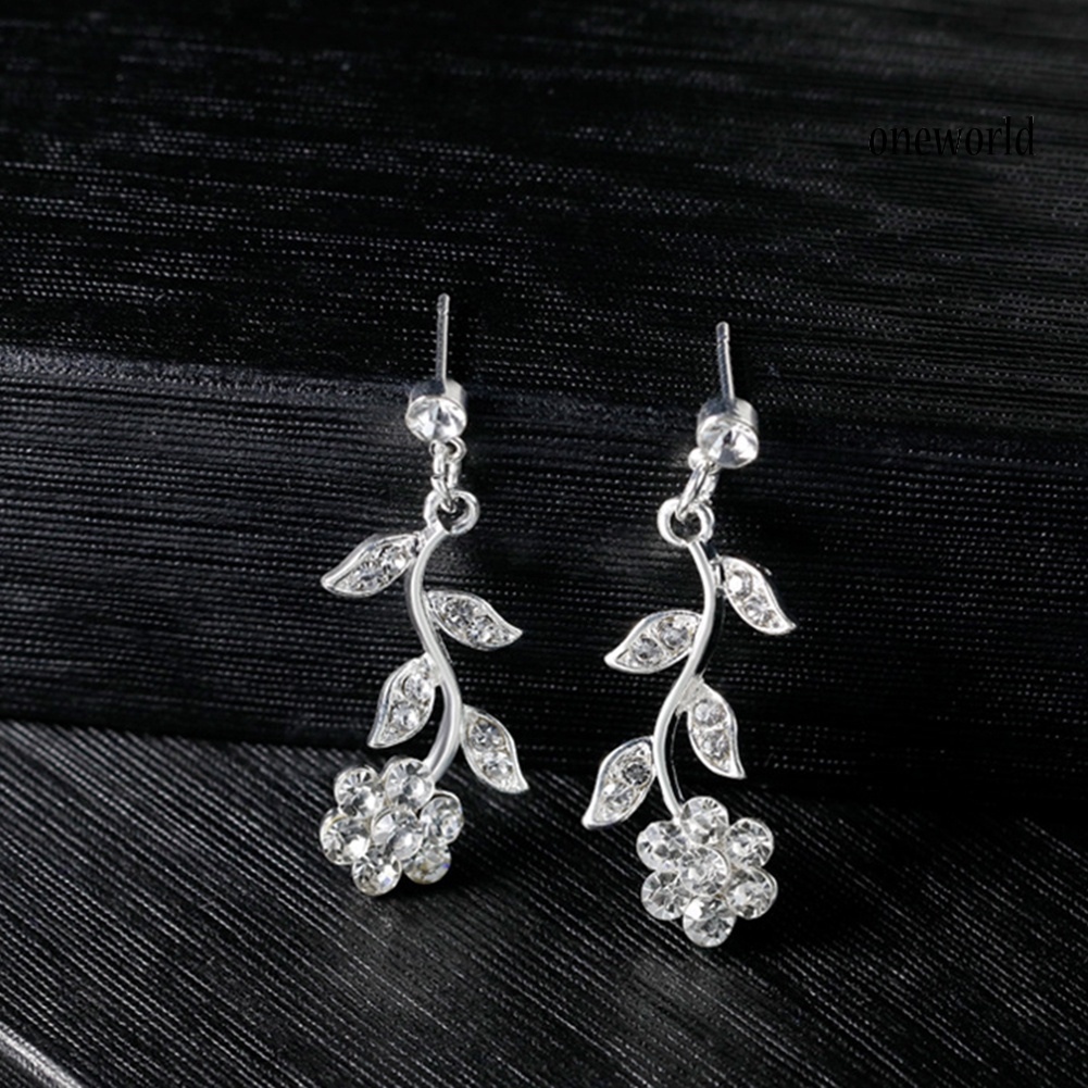 OW@ Women Rhinestone Leaves Flower Necklace Stud Earrings Wedding Bridal Jewelry Set