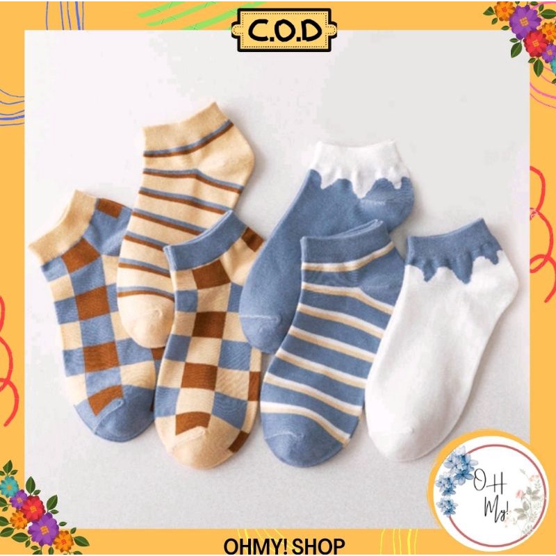 [ COD ] Kaos Kaki Wanita Pria Motif Kotak Catur Garis Polos Simple New Fashion Korean Style Socks Breathable Gaya Korea / Kaos Kaki Pendek Unkle Sock-1