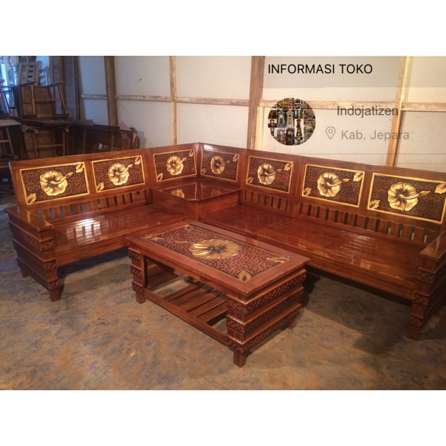 Kursi tamu sudut motif bunga kayu jati