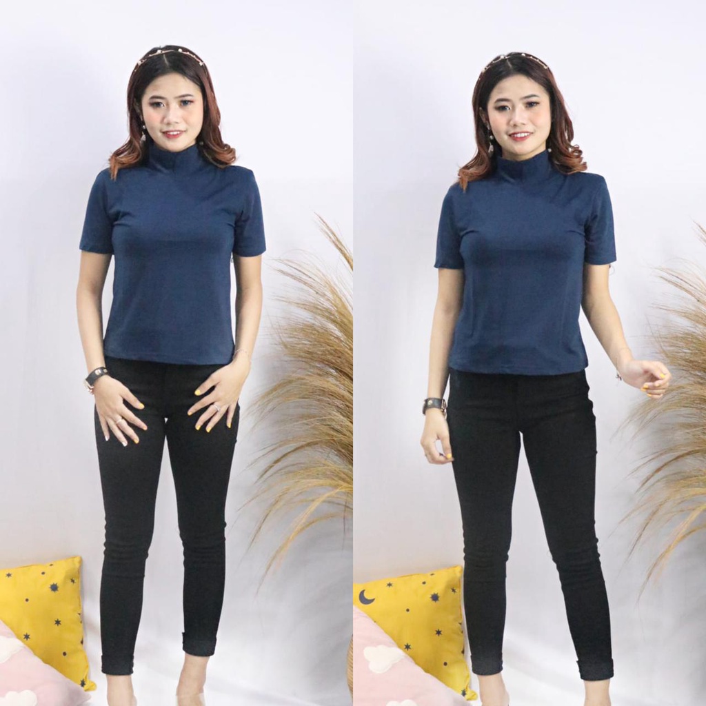 HOPYLOVY - Atasan Wanita Turtleneck Lengan Pendek BC Basic Grizelle