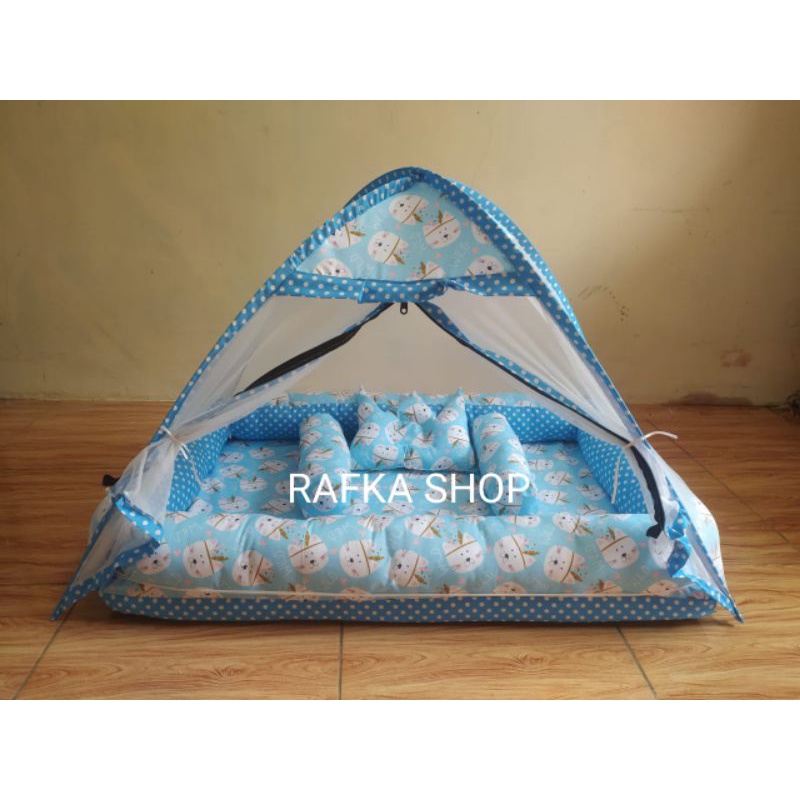 KASUR BAYI TENDA KELAMBU TERPISAH KUCING BIRU+ BANTAL MAHKOTA + TAS MIKA