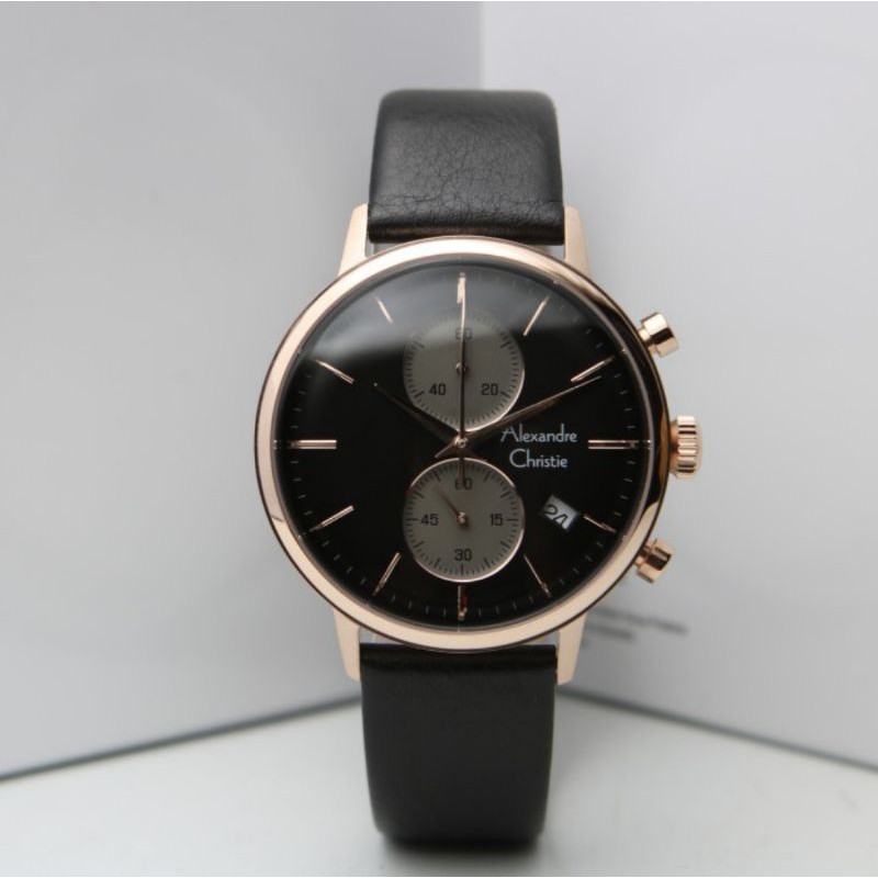 ORIGINAL GARANSI RESMI 1 TAHUN JAM TANGAN PRIA ALEXANDRE CHRISTIE BLACK ROSEGOLD KULIT STRAP ARLOJI 