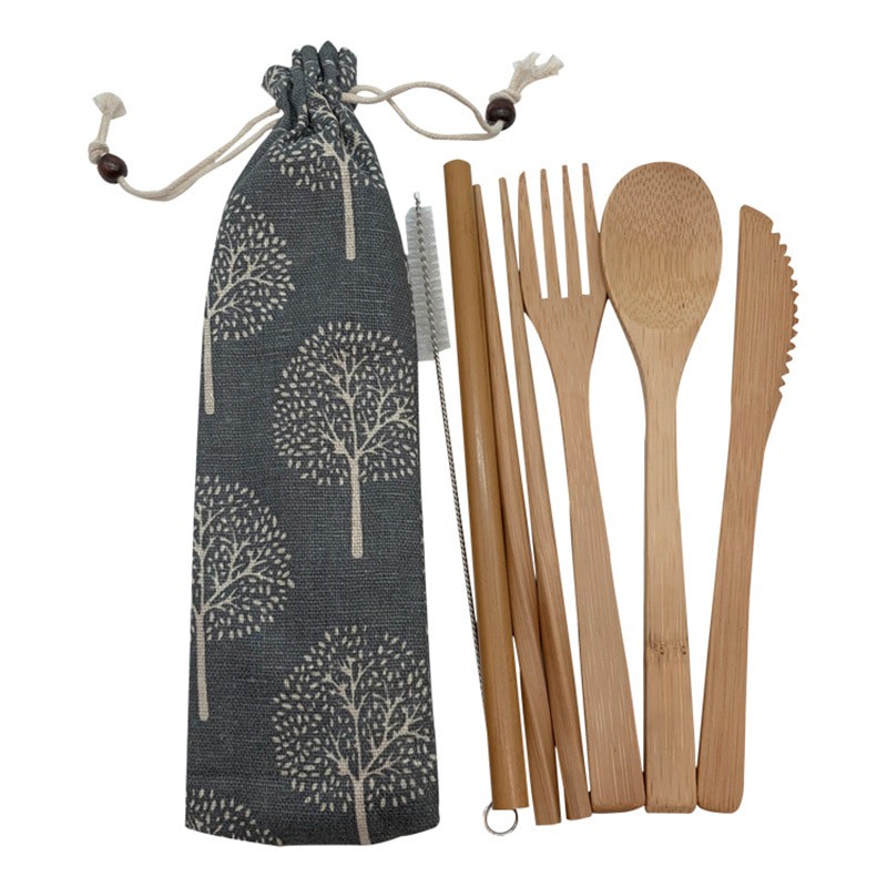 ABAY Set Perlengkapan Makan Sendok Garpu Pisau Sumpit Sedotan Japanese Style Bamboo Warna Navy