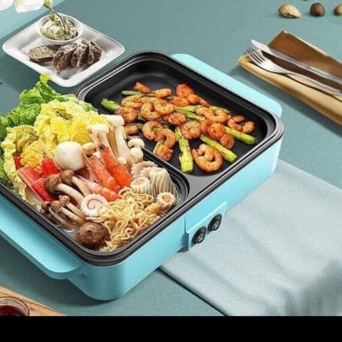 ☎ panci listrik 2in1 electric panci hotpot bbq 2in1 panci serbaguna mult - Biru ✵
