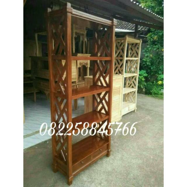 Rak Buku Guci Boneka Hias Plus Laci Bahan Kayu Jati Buatan Furniture Mebel Ukir Jepara