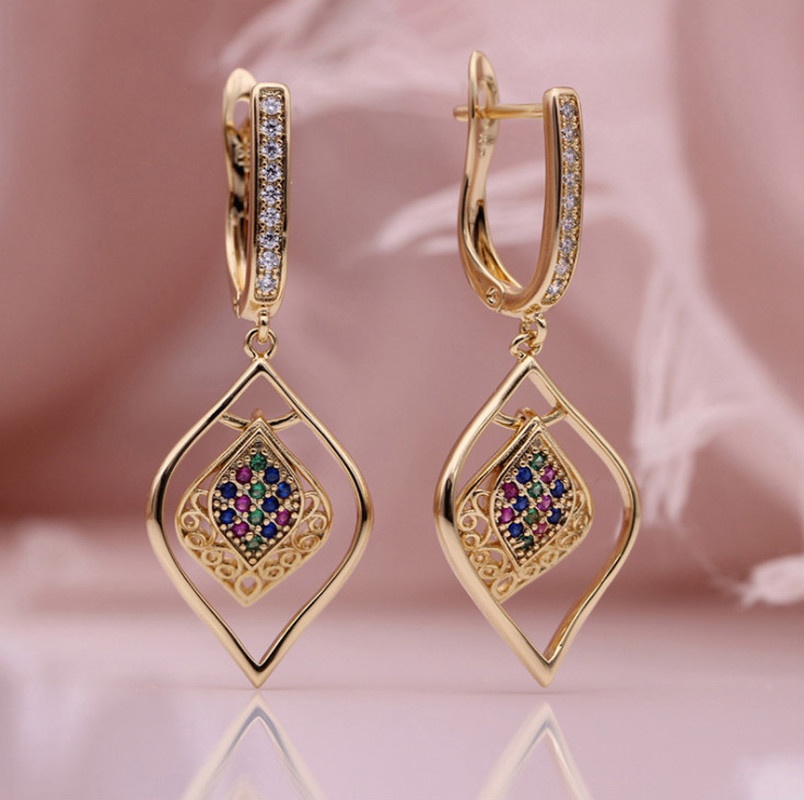 Anting Panjang Model Hollow Ganda Bahan Zirkon Warna-Warni Untuk Wanita