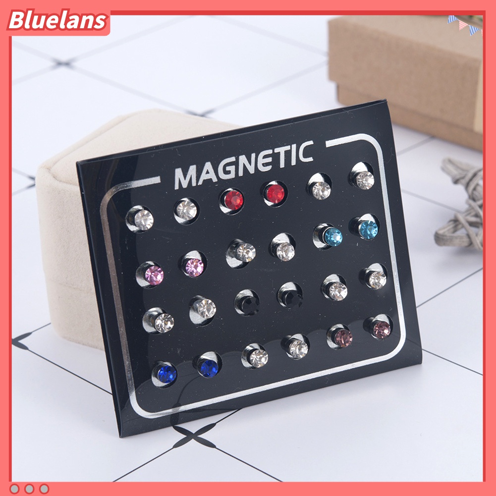 12 Pasang / Set Anting Stud Magnetik Berlian Imitasi Untuk Unisex