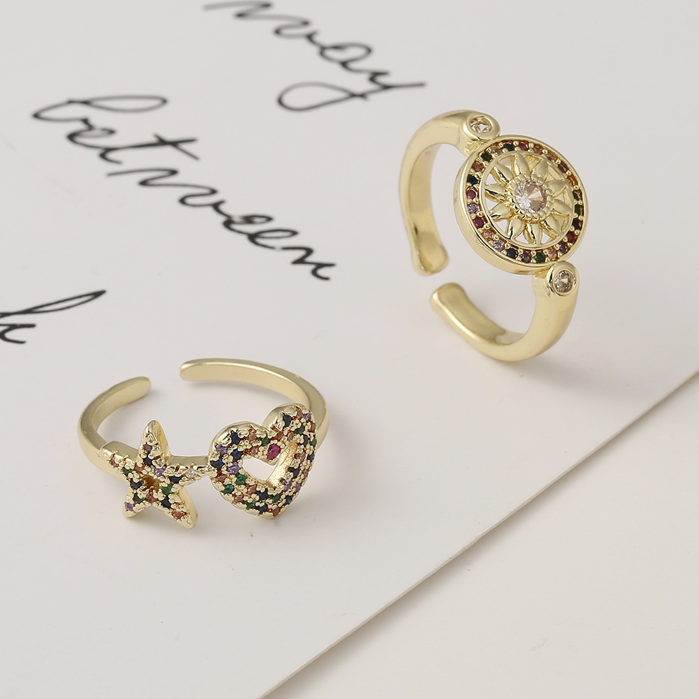 Ornamen tembaga mikro bertatahkan zircon 18K emas sun XINGX berbentuk hati terbuka cincin gaya Korea