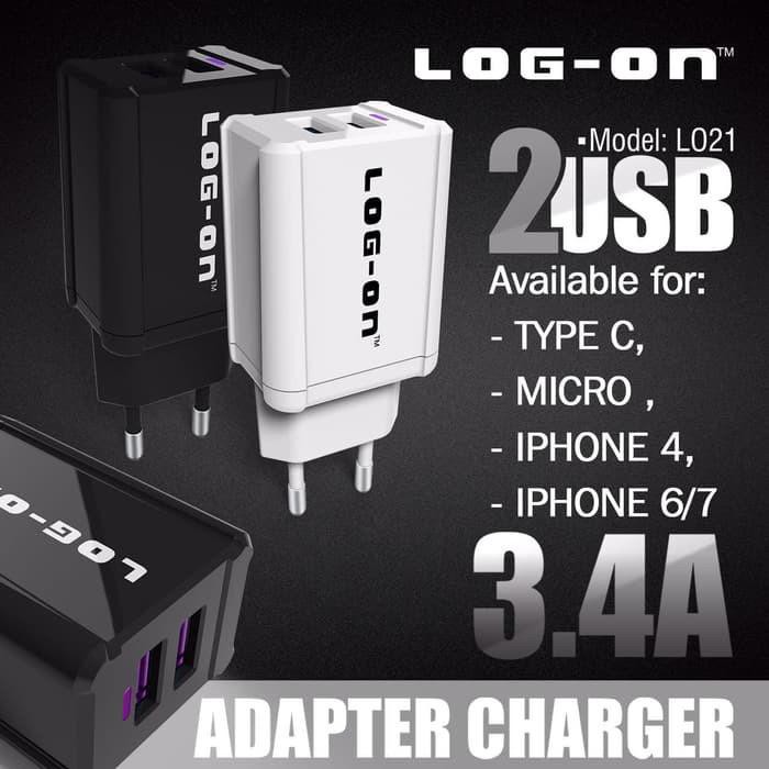 CHARGER CASAN LOGON LOG ON LO21 2 PORT 2 USB 2 OUTPUT 3.4A TYPE MICRO-USB /TYPE-C / LIGHTNING