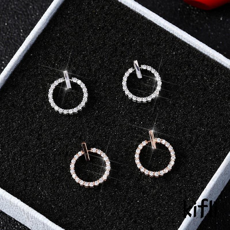 Anting Stud S925 Silver Needle Bentuk Bulat Geometris Aksen Berlian Imitasi Untuk Mahasiswa