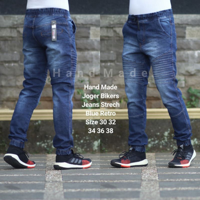 celana joger jeans denim bikers pria