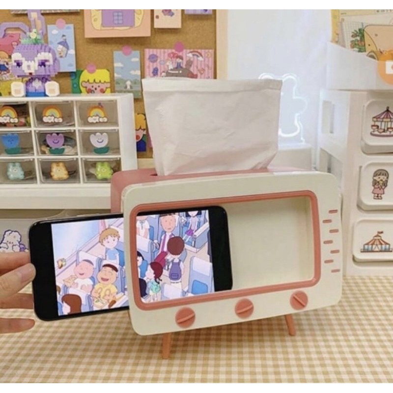 INFY Kotak Tissue Box Organizer Bentuk TV Tempat Tisu + Stand Phone Holder / Home Office Décor R276