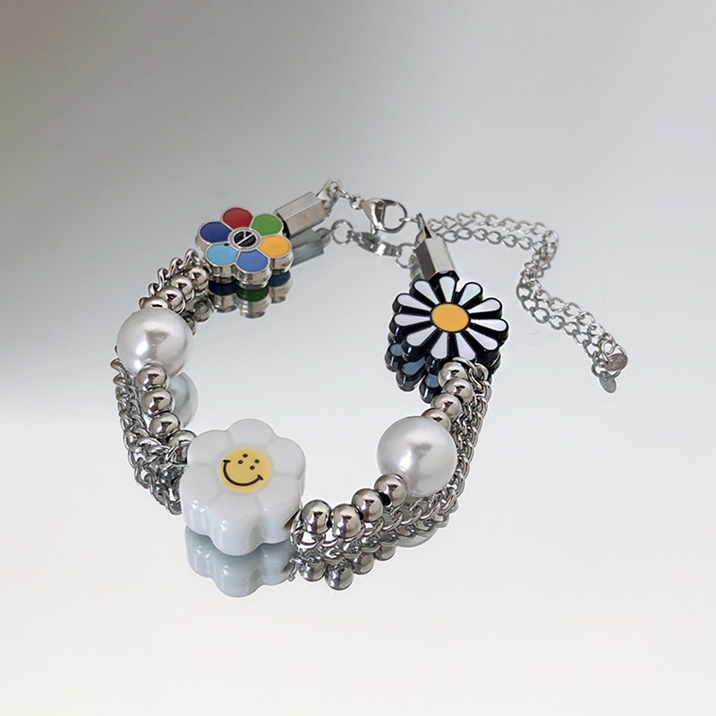 Smiley Daisy Stitching Pearl Bracelet Accessories Trendy Hip Hop