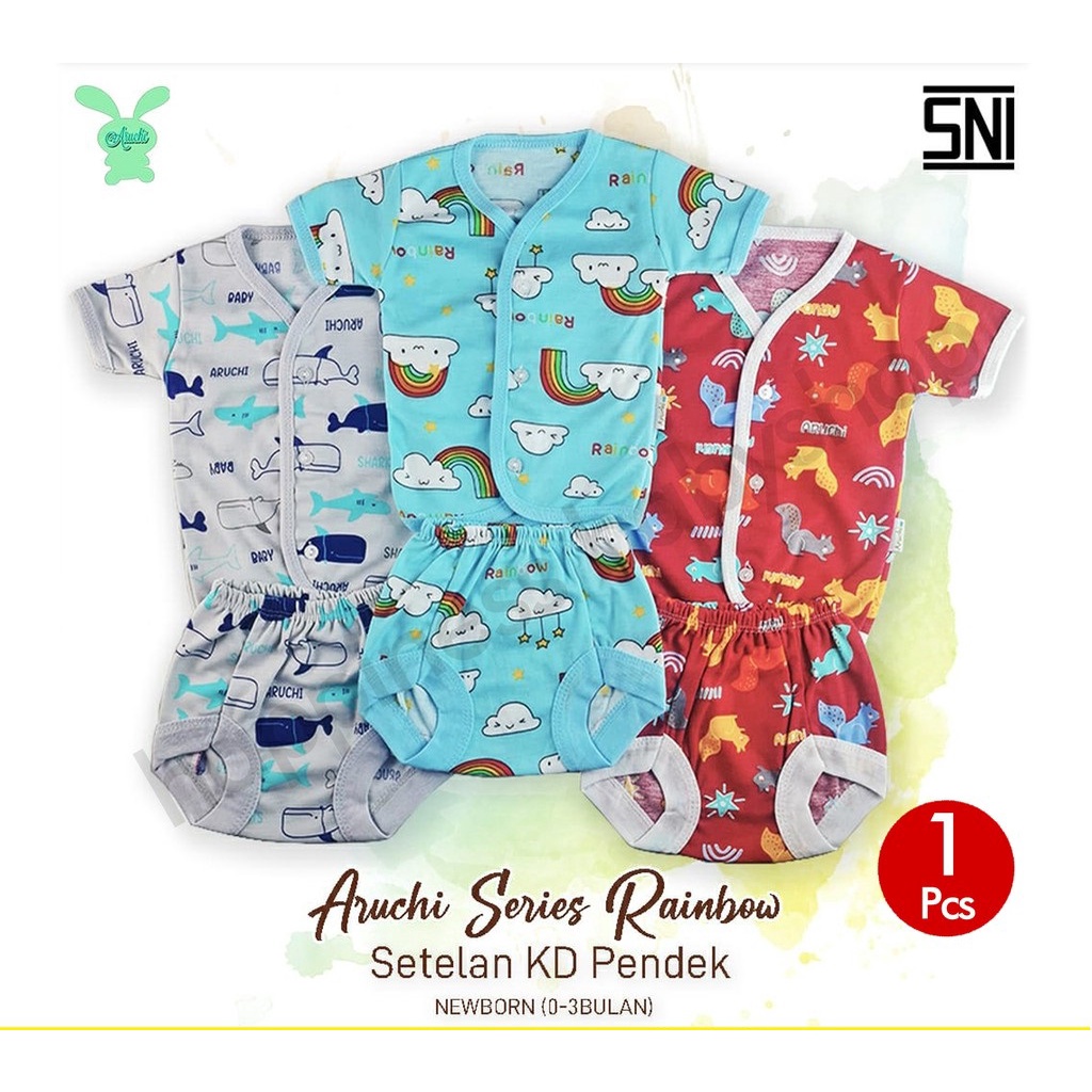 SALE Setelan Pendek Aruchi Motif Rainbow Elephant Deer Bunny Transport SNI NB S M L XL XXL bahan Lembut CBKS