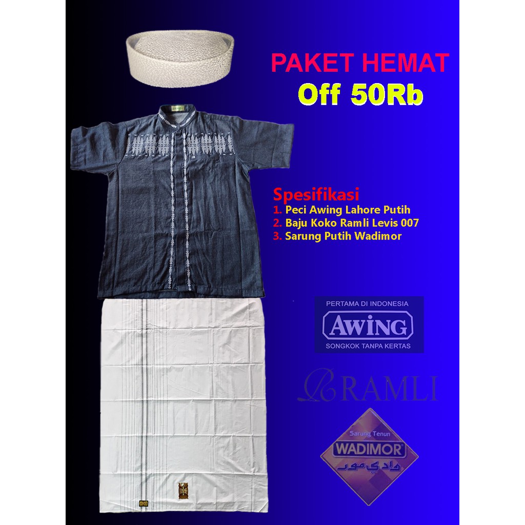 PROMO Paket Setelan Sarung Koko Peci Awing Lahore Putih
