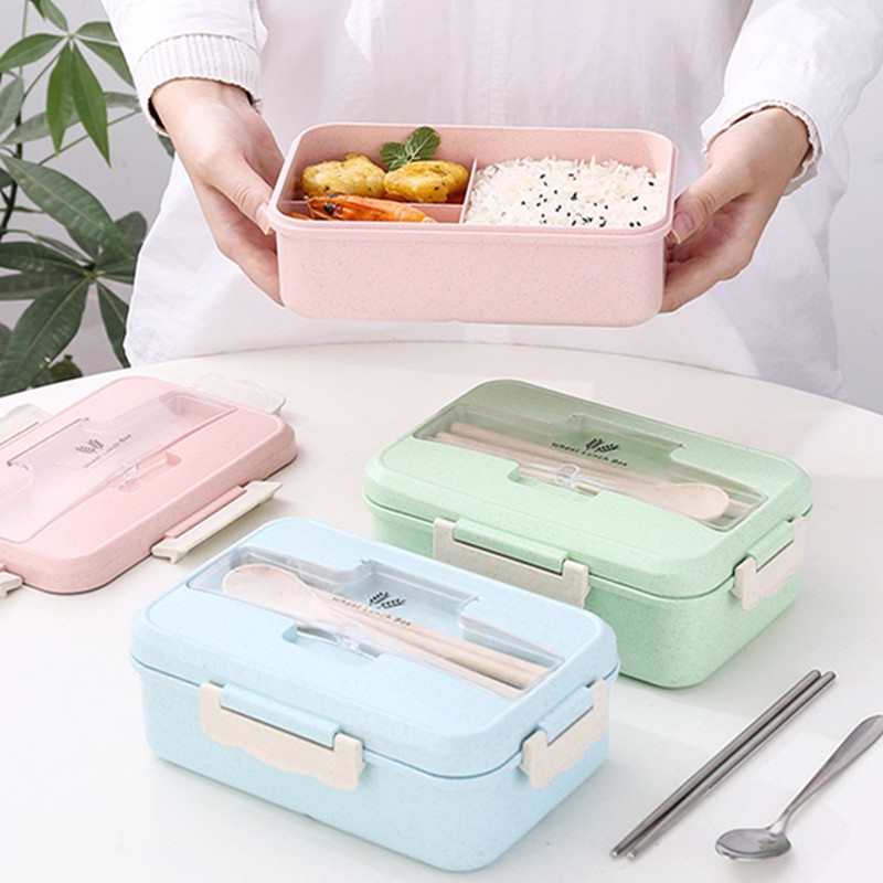 Lunch Box Kotak Bekal Makan Siang Bahan Jerami Pegangan melengkung + Sendok Dan Sumpit