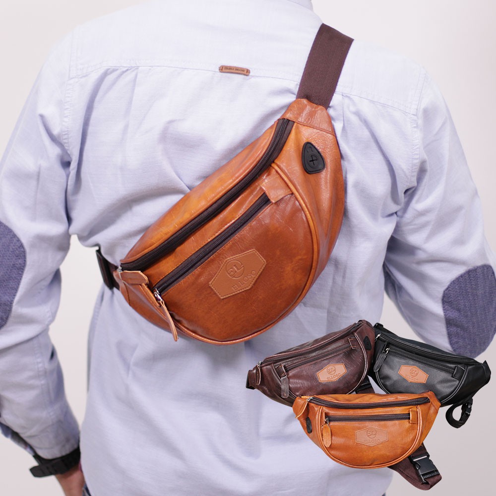 TAS SELEMPANG PRIA WAISTBAG COWOK KEREN CASUAL ADA LUBANG HEADSET BAHAN PU LEATHER PREMIUM EWL03