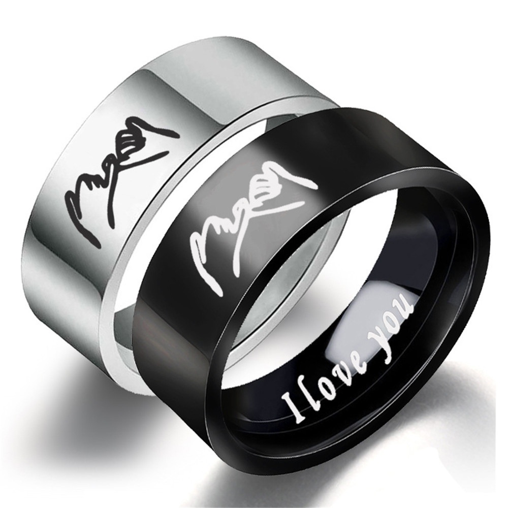 Cincin Pasangan Desain Tangan I Love You Bahan Titanium Silver Warna Hitam Untuk Pria Dan Wanita