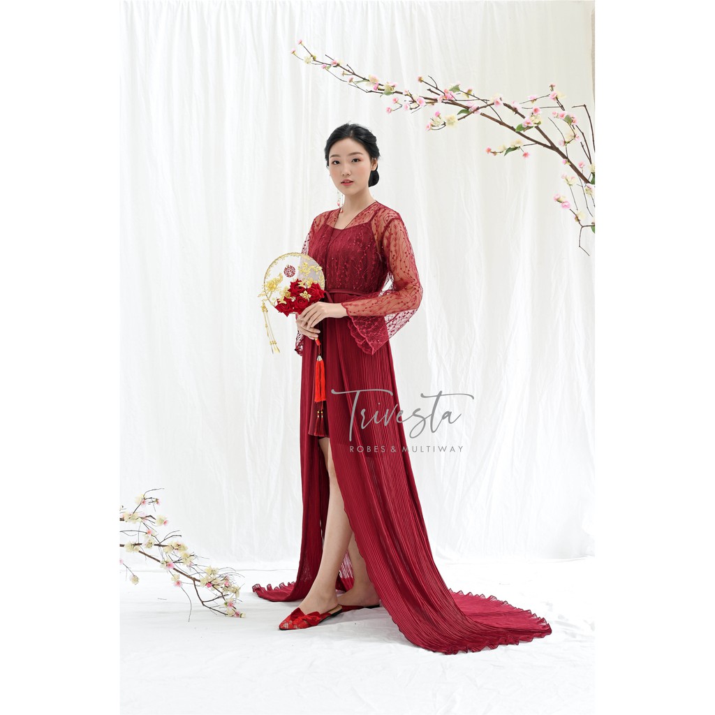 Clarkia Robe in Maroon - Sangjit Tingjing Lamaran Robe Kimono Pengantin