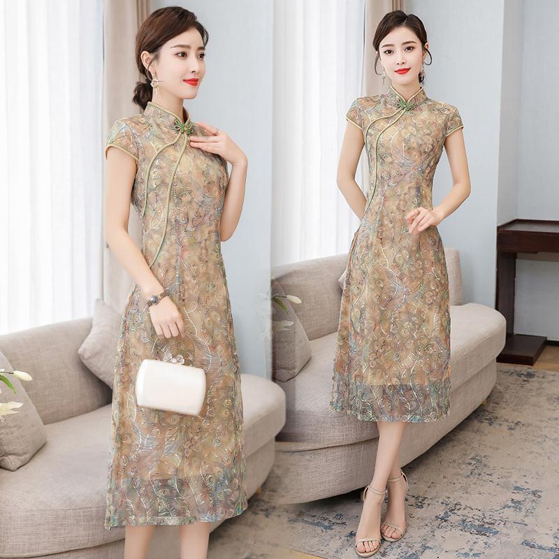 Summer new fashion printing waist closing mother's middle and long cheongsam modified dress