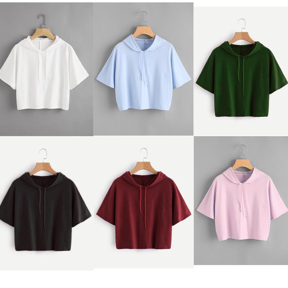 New ！！ Sweater Atasan Wanita Crop Topi Polos Tangan Pendek BabyTerry ✱