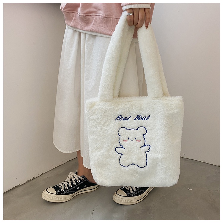 Drozenb Tas Tote Wanita Bahan Bulu Model Korea/Totebag Fashion Korea Bahan Bulu Motif Beruang/Tas Bulu Korea Motif Beruang/Tas Tote Korea/Totebag Casual Wanita