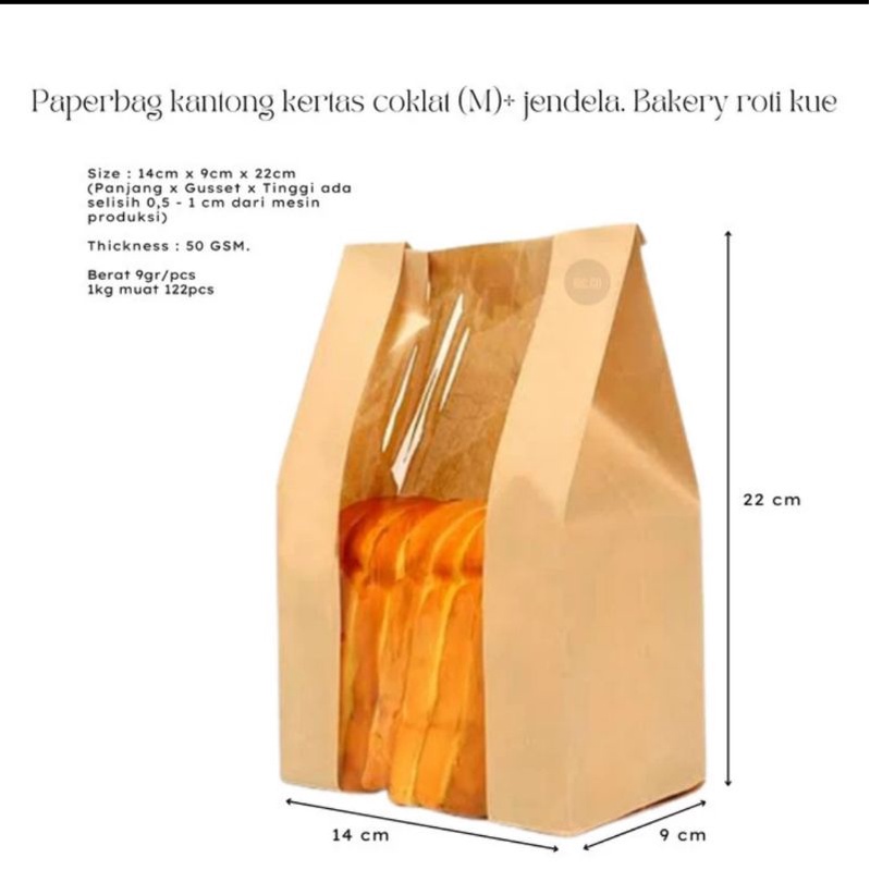 

PB 100pcs PaperBag Flat Window Brown (M) 14x9x22cm Kantung Kertas Roti