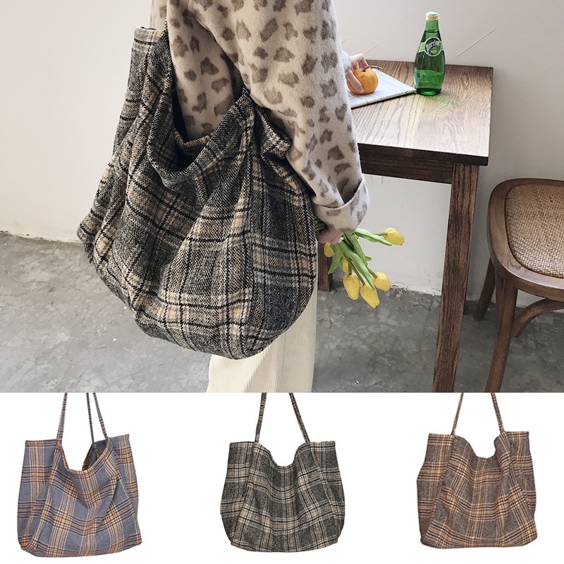 KOREAN RETRO PLAID PATTERN BIG JUMBO TOTE BAG / Vintage Tartan Korean Totebag / Tas Korea Kotak Kotak besar / shoulder bag