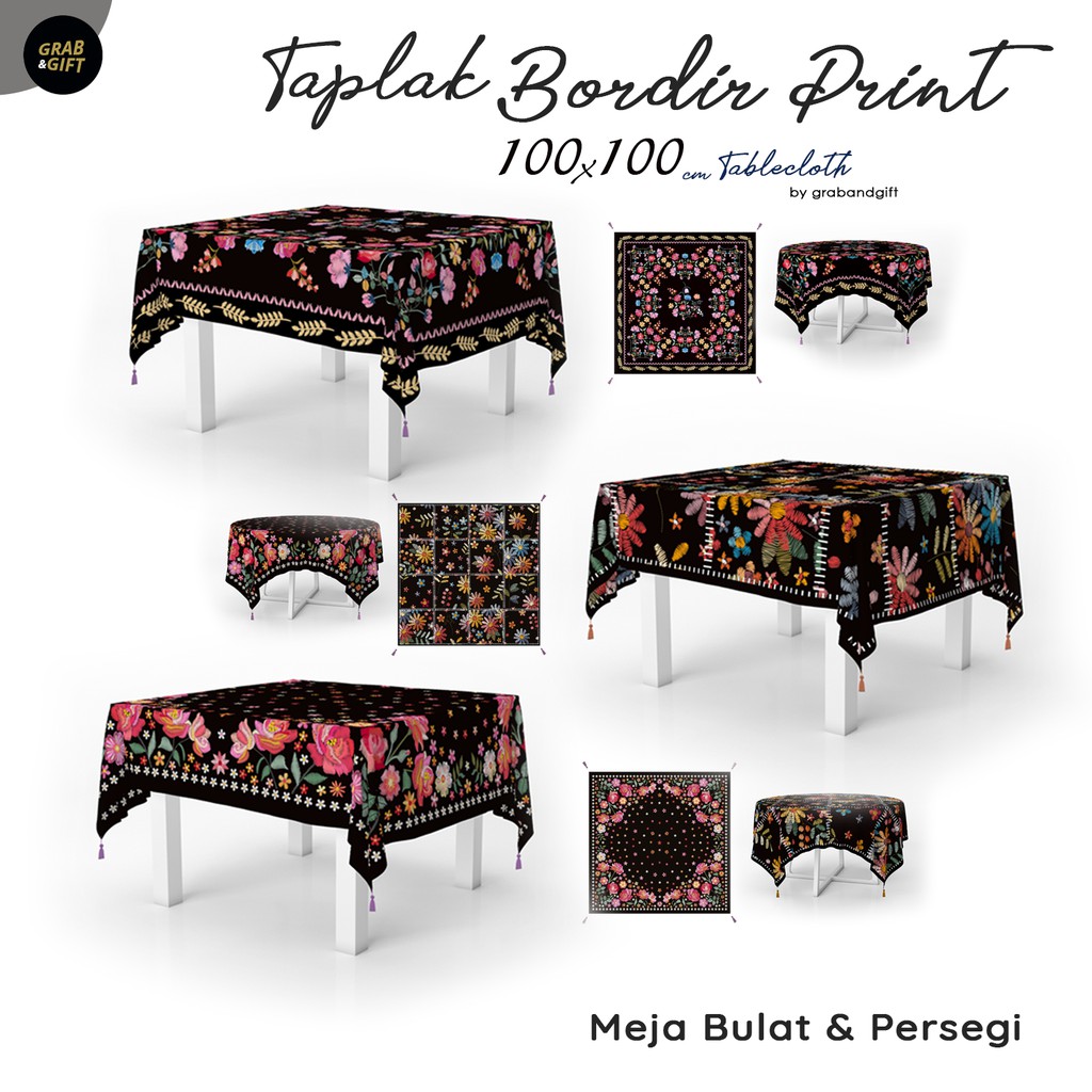 Taplak Meja 100x100 cm Motif Bordir Print Embroidery Floral Meja Kotak &amp; Bulat