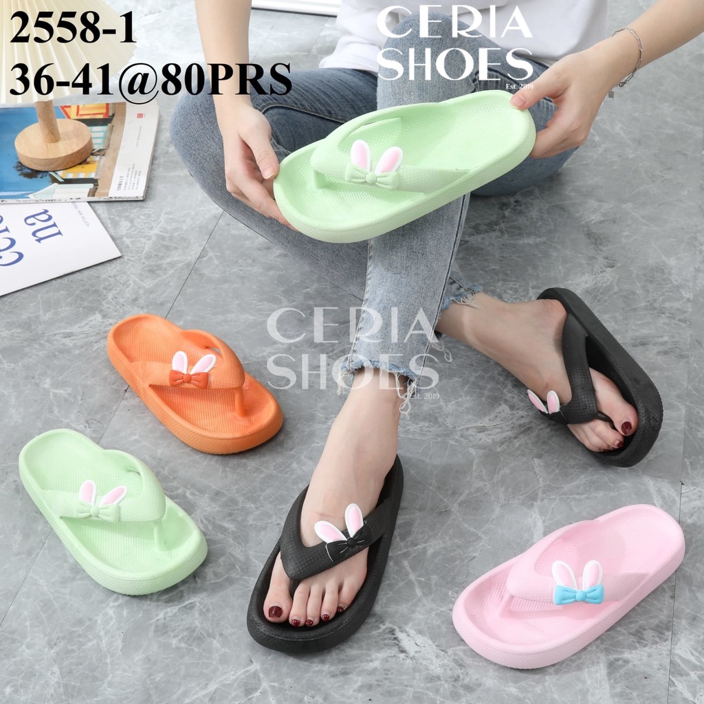 PVC Sandal Jepit Wanita Import Motif Rabbit Bahan Karet Jelly Elastis Sangat Empuk Sol Tebal Non-Slip Anti Licin 2558