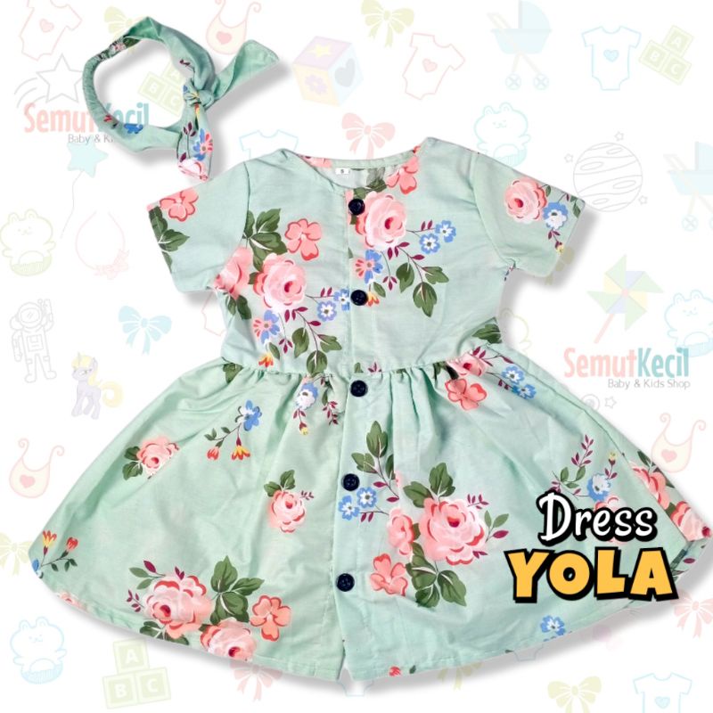 YOLA 1-4 THN DRESS ANAK BAYI PEREMPUAN KANCING DEPAN KATUN CATRA FREE BANDANA Baju Anak Bayi Perempuan Cewek Dres Baby Girl-A SoftGreenFloPink
