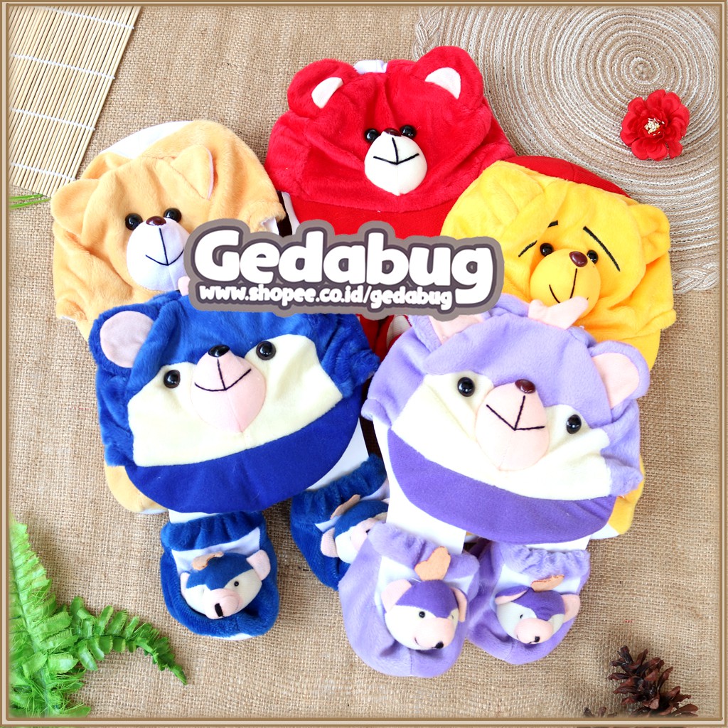 Topi Set Bulu Charakter OKIYO / Topi Bayi Newborn + Kaos Kaki Bulu - gedabug