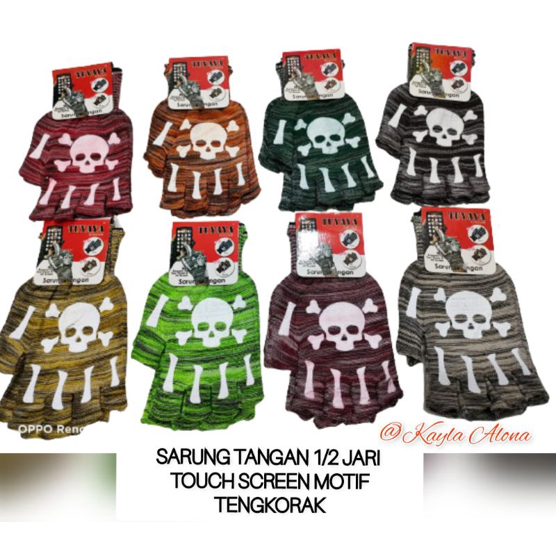 SARUNG TANGAN RAJUT 1/2JARI TOUCH SCREEN MOTIF TENGKORAK